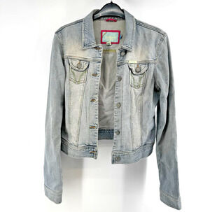 Hollister Jean Jacket Juniors Size Medium Green Pocket Stitch Light Wash